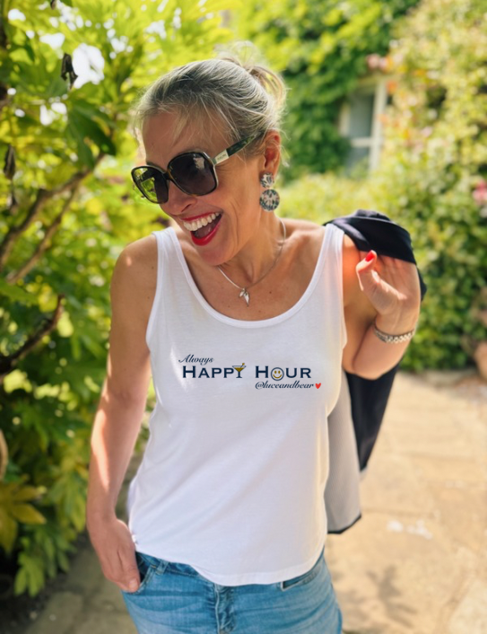 Woman wearing white Happy Hour Vest