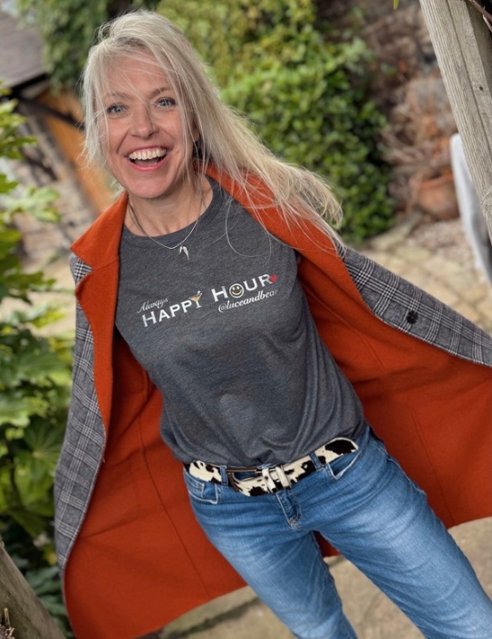 Woman wearing Charcoal Happy Hour Tee