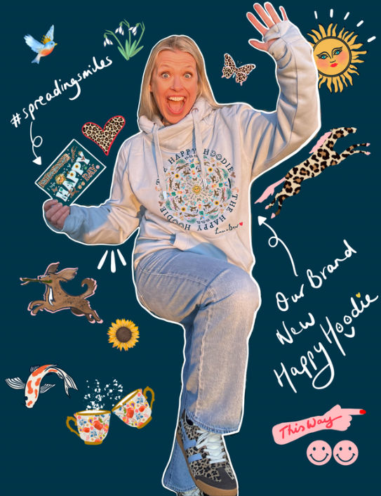 Woman wearing pale blue Happy Hoodie