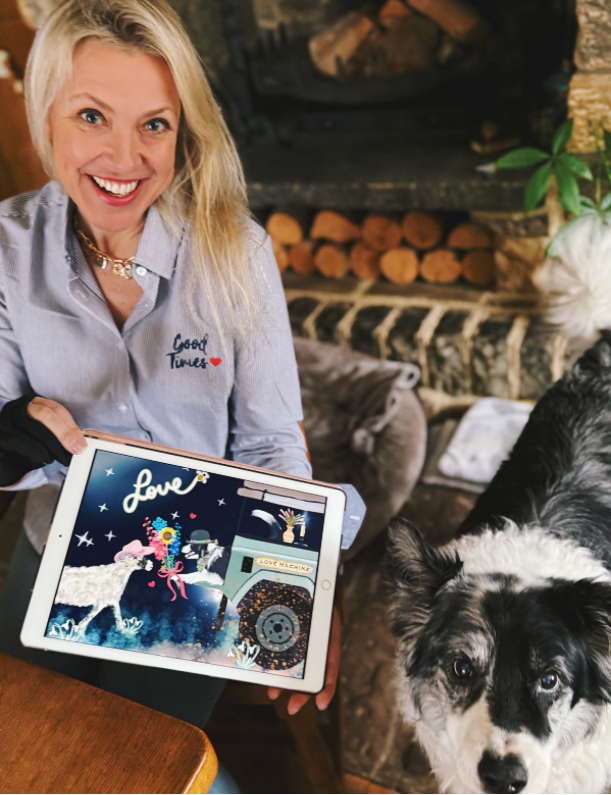Woman and her collie dog Marley looking at The love Machine design