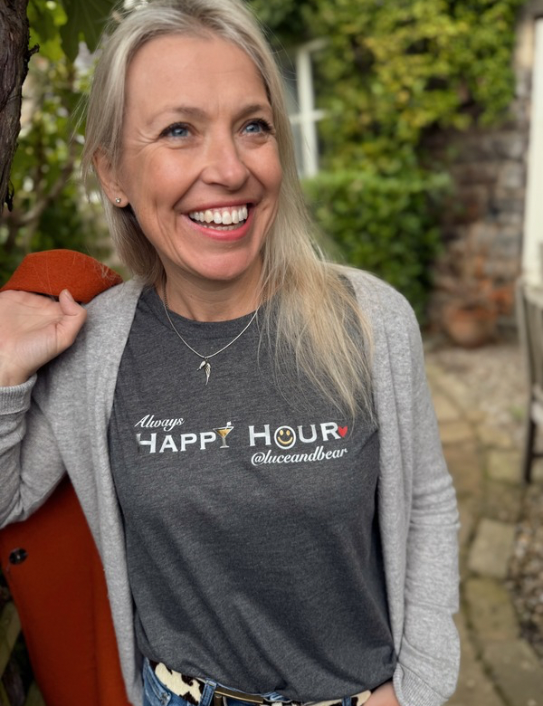 Woman wearing Charcoal Happy Hour Tee