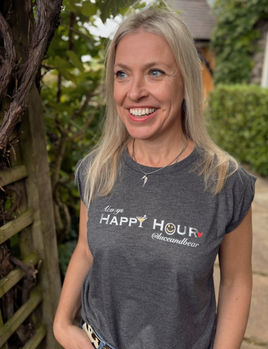 Woman wearing Charcoal Happy Hour Tee