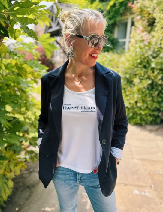 Woman wearing Navy Basic Blazer over white Happy Hour T-shirt