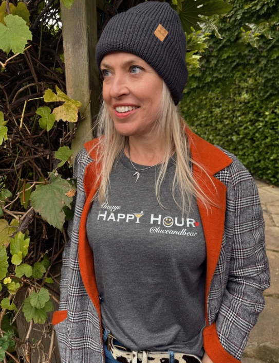 Woman wearing Charcoal Happy Hour Tee