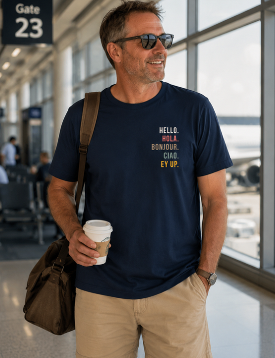 Man wearing navy Ey Up T-shirt