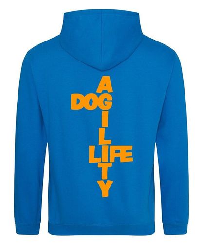 Dog Agility Life Design on a Sapphire Blue Pullover Hoodie Orange Print