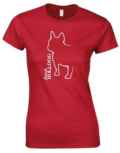 Female French Bulldog (Outline) Roundneck T-Shirt Red (White)