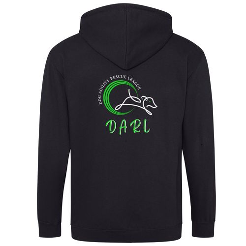 DARL Official Black Unisex Zipped Hoodie, featuring the DARL logo, offering warmth and support for the Dog Agility Rescue League, perfect for casual wear.