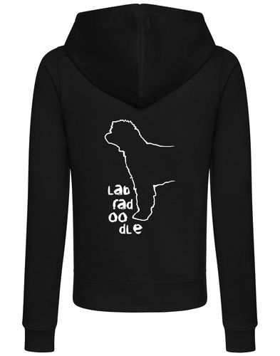 Labradoodle Women’s Zipped Hoodie featuring exclusive breed artwork, breathable fabric, and practical design details for comfort and style.