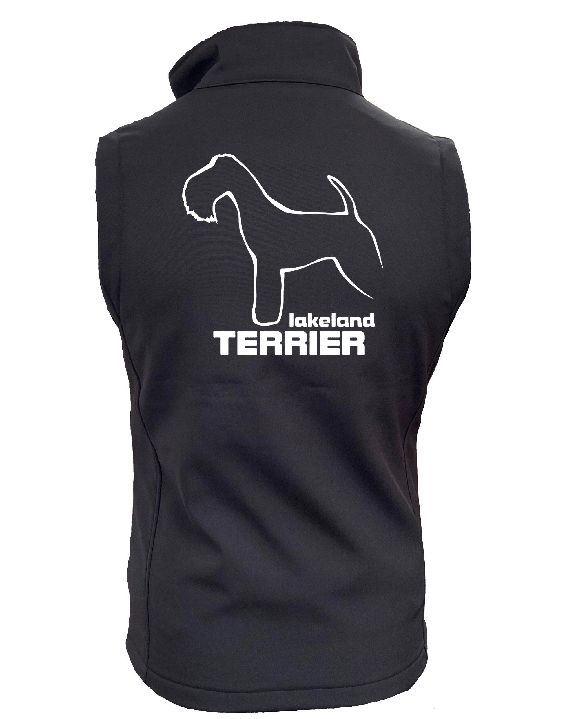 Unisex Lakeland Terrier Softshell Gilet with breed artwork, water-resistant fabric, and fleece lining for outdoor comfort.