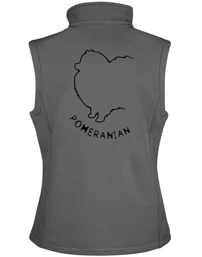 Pomeranian Women’s Softshell Gilet featuring an exclusive breed design, water-resistant fabric, and a fleece lining for warmth and style.