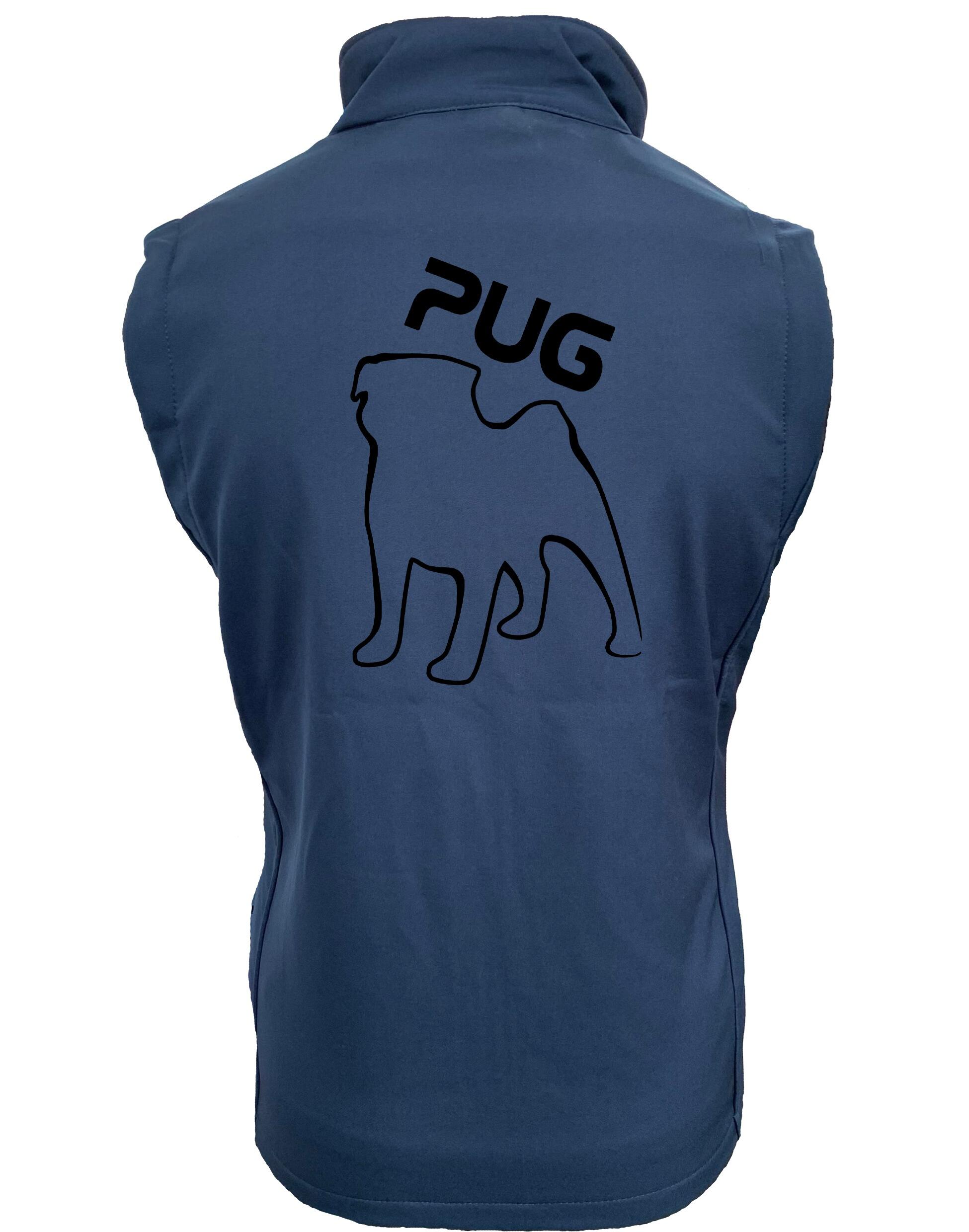 Unisex Pug (Outline) Softshell Gilet featuring exclusive outline artwork, crafted from premium water-resistant fabric with a cozy fleece lining for stylish, functional outdoor wear.