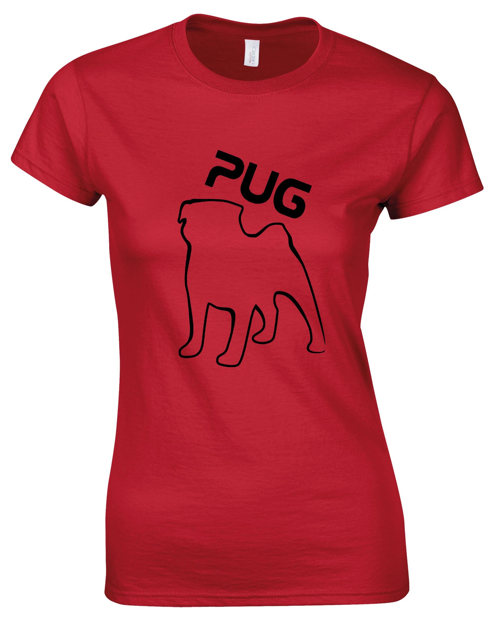 Female Roundneck T-shirt featuring an exclusive Pug (Outline) design, crafted from premium breathable cotton for lightweight, all-day comfort and a flattering feminine fit, perfect for Pug enthusiasts.