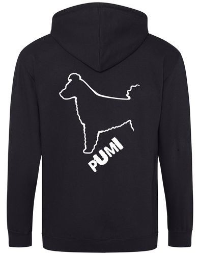 Unisex Hungarian Pumi Zipped Hoodie featuring exclusive breed artwork with personalization options, crafted from premium heavy-blend fabric with a cozy brushed fleece interior, full-zip closure, and a spacious kangaroo pocket for stylish, comfortable outdoor wear.
