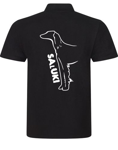 Saluki Unisex Cotton Polo featuring exclusive breed artwork, soft breathable cotton fabric, relaxed unisex fit, and classic polo collar for comfort, versatility, and breed pride.