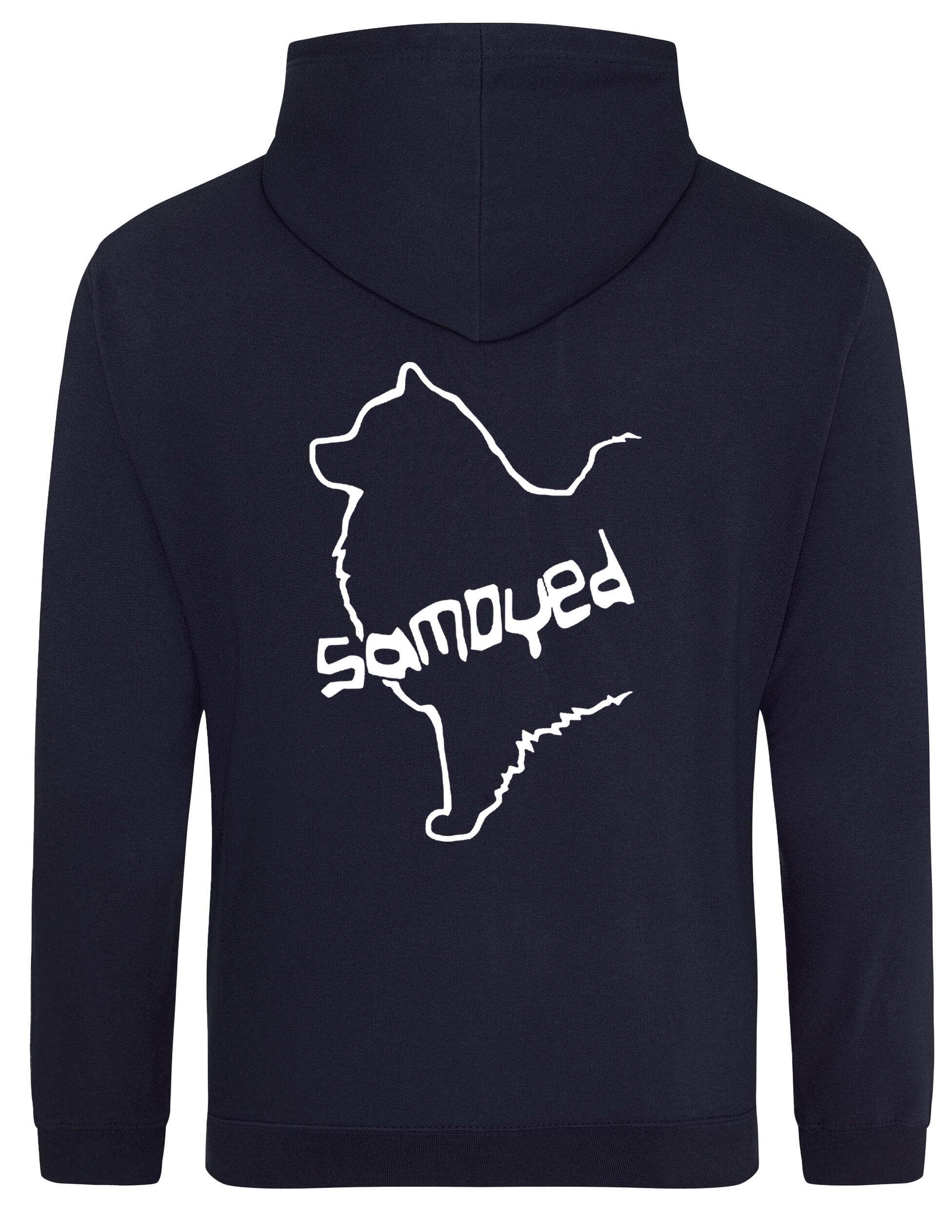 Samoyed Design Pullover Hoodie featuring exclusive breed artwork, soft fleece interior, heavy-blend fabric, kangaroo pouch pocket, ribbed cuffs, and double-fabric hood with personalization options for breed enthusiasts.