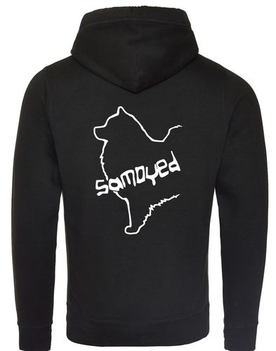 Samoyed Crossneck Pullover Hoodie featuring exclusive breed artwork, soft fleece interior, heavy-blend fabric, contemporary crossneck design, kangaroo pocket, ribbed cuffs, and relaxed unisex fit for breed enthusiasts.