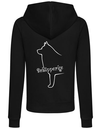 Women's zipped hoodie featuring exclusive Schipperke design, showcasing a detailed breed graphic on the back, with a cozy hood and practical front pockets.