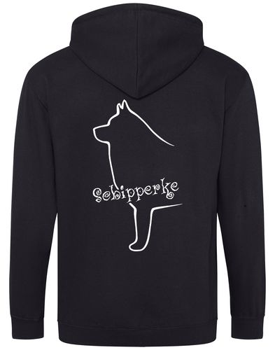 Zipped hoodie featuring exclusive Schipperke design, showcasing detailed breed artwork on the back, with a cozy double-fabric hood and spacious front pockets.