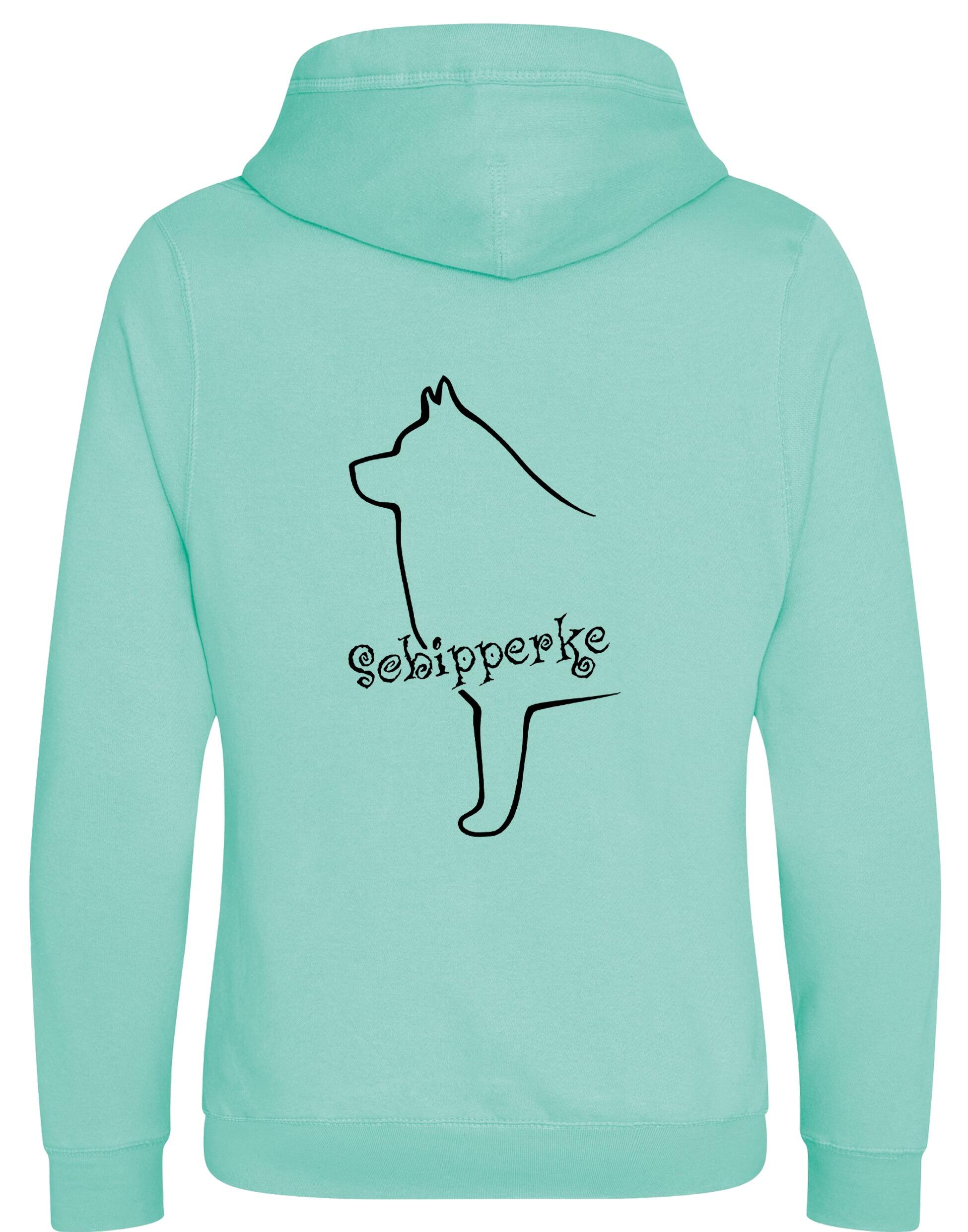 Unisex crossneck pullover hoodie featuring exclusive Schipperke design, showcasing detailed breed artwork on the back, with a cozy brushed fleece interior and spacious kangaroo pocket.