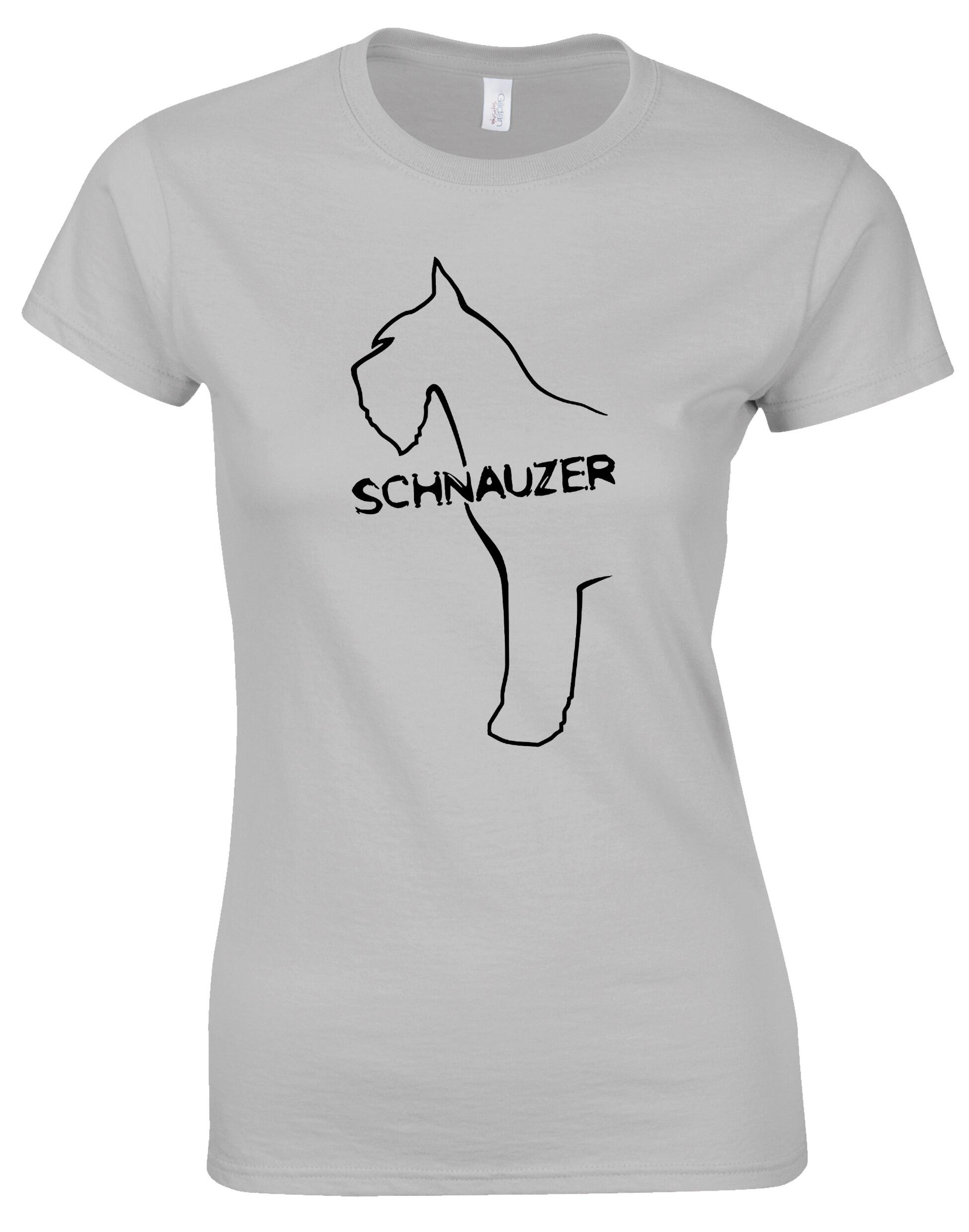 Schnauzer Female Roundneck T-shirt featuring exclusive breed artwork on the front. Premium cotton fabric, tailored feminine fit, and classic round neckline for stylish comfort.