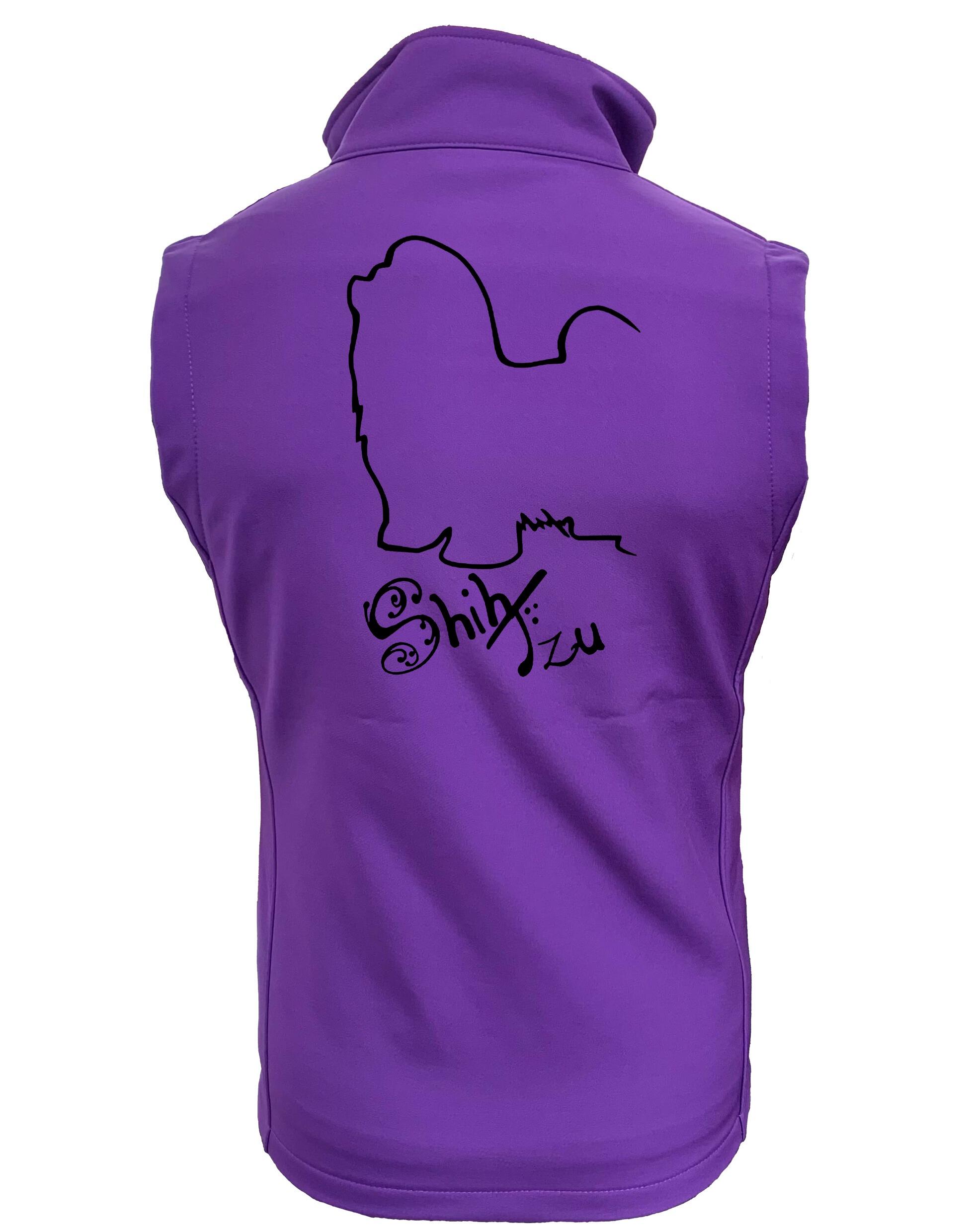 Unisex softshell gilet with exclusive Shih Tzu artwork on the back, featuring water-resistant fabric, fleece lining, and a full-zip front—designed for dog lovers who want practical style and comfort.