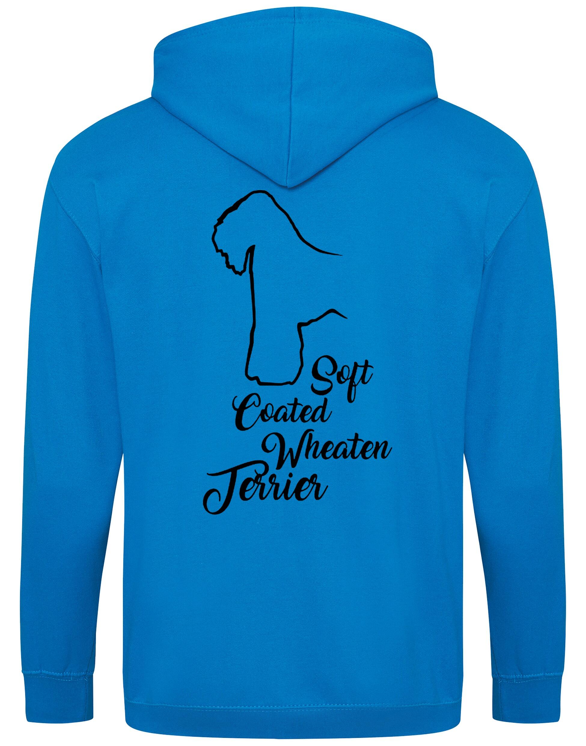 Soft Coated Wheaten Terrier zipped hoodie with breed artwork on the back and paw prints on the front, fleece-lined for warmth