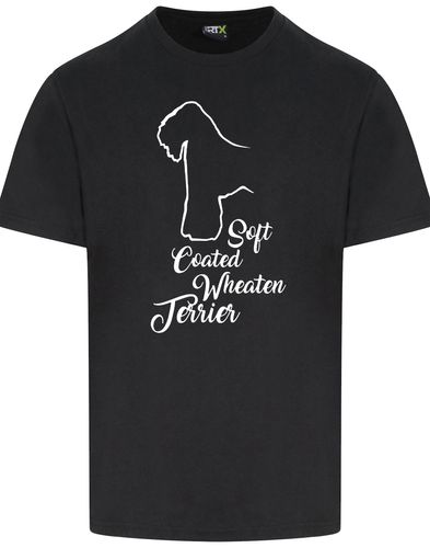 Unisex roundneck T-shirt with Soft Coated Wheaten Terrier artwork on the front, breathable cotton with relaxed fit