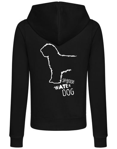 Women’s zipped hoodie featuring Spanish Water Dog artwork on the back. Lightweight, breathable fabric with a tailored feminine fit, cozy hood, and two front pockets. Ideal for casual wear, breed events, and everyday dog walks.