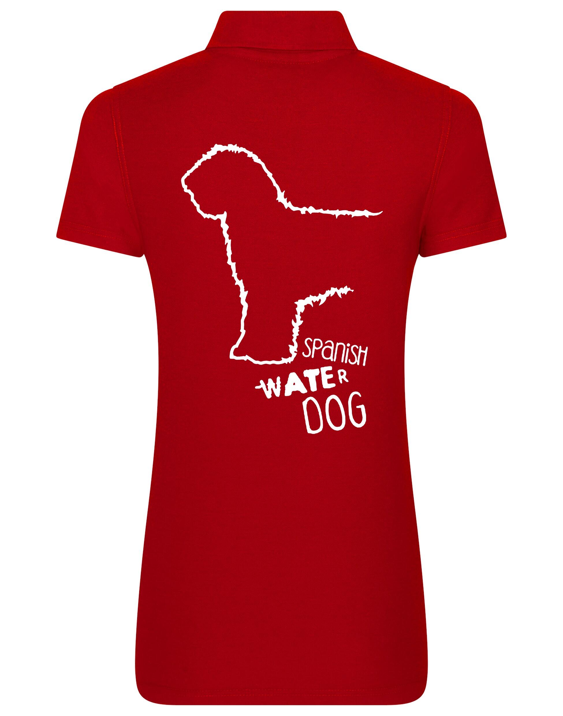 Women’s Cotton Polo featuring a detailed Spanish Water Dog design printed on the back. Lightweight and breathable with a tailored feminine fit, ideal for casual outings, dog shows, and breed enthusiasts.