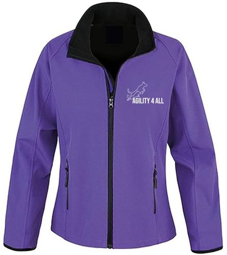 Agility 4 All Official Clothing - Purple Female Softshell Jacket Front Image - White Printed Logo