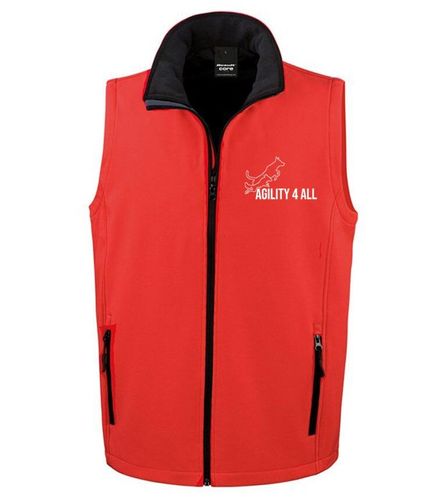 Agility 4 All Official Clothing - Red/Black Male Softshell Gilet Front - White Printed Logo