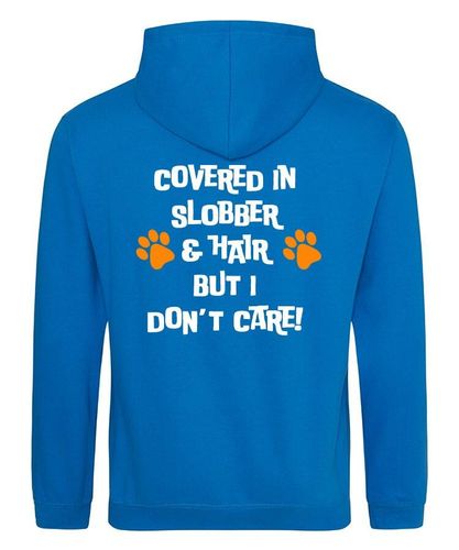 Covered In Slobber Design on a Sapphire Blue Pullover Hoodie White print