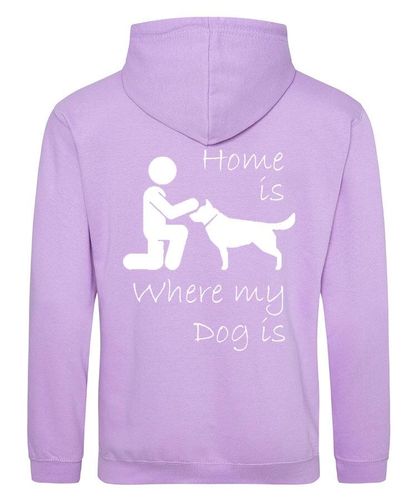 Home is where my dog is Design on a Lavender Pullover Hoodie White Print