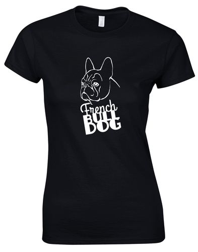 Female French Bulldog (Head) Roundneck T-Shirt Black (White)
