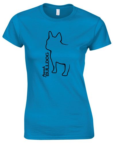 Female French Bulldog (Outline) Roundneck T-Shirt Sapphire Blue (Black)