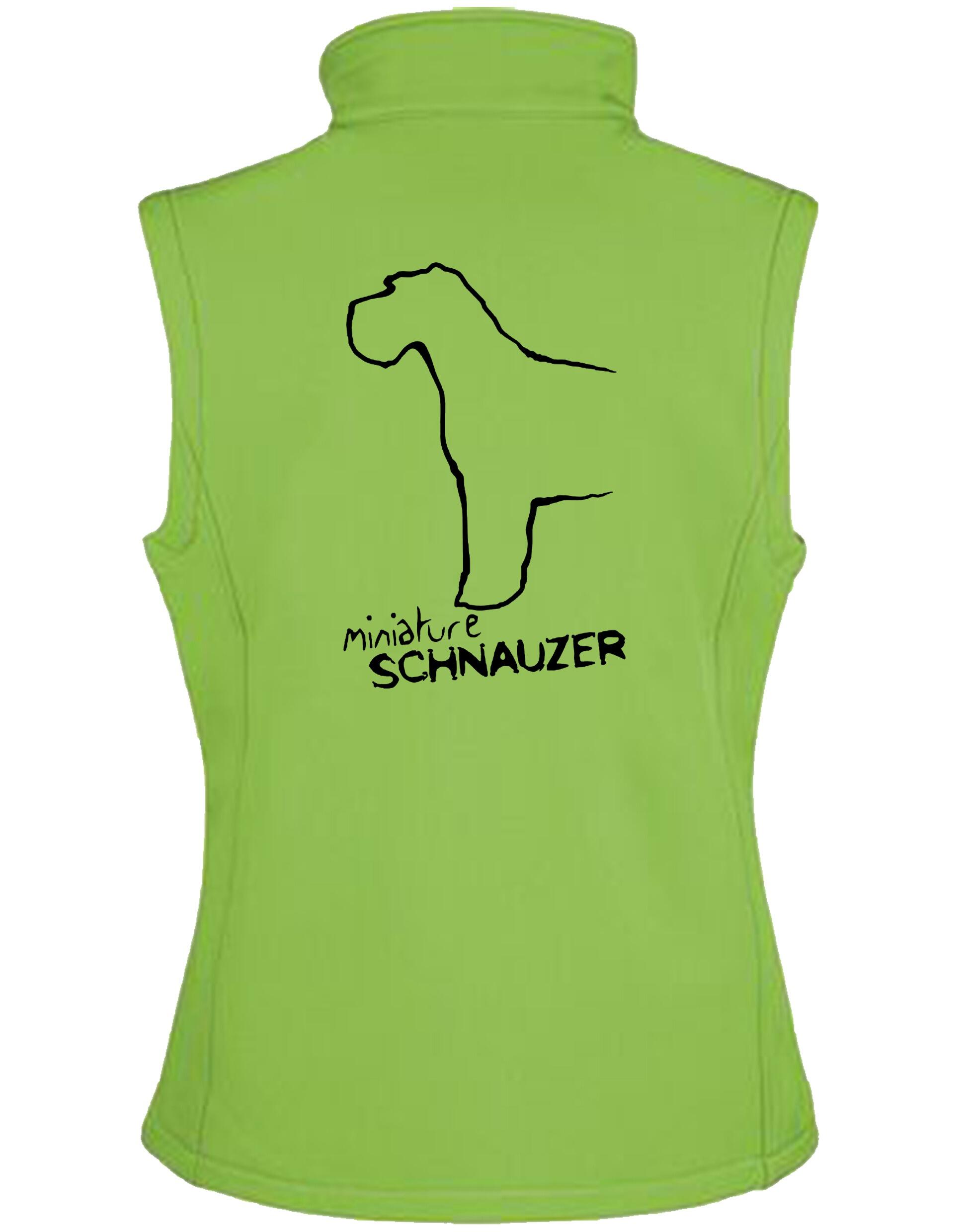 Miniature Schnauzer Women’s Softshell Gilet with water-resistant fabric, fleece lining, and exclusive breed artwork for comfort and style.