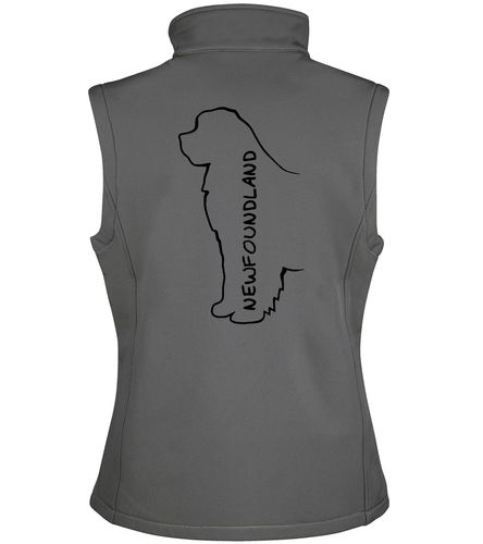 Newfoundland Women’s Softshell Gilet with exclusive breed artwork, water-resistant fabric, and personalisation options, designed for stylish outdoor wear and dog events.