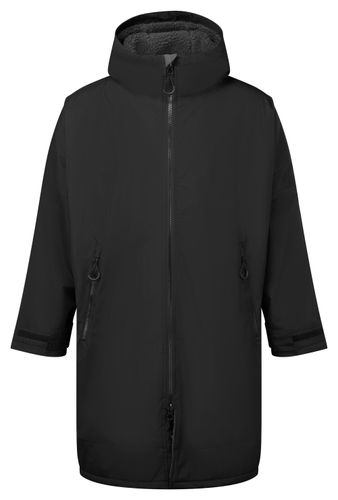 All-seasons waterproof changing robe with a hood, adjustable straps, double zip closure, and multiple deep pockets, featuring a waterproof exterior and cosy sherpa fleece interior.