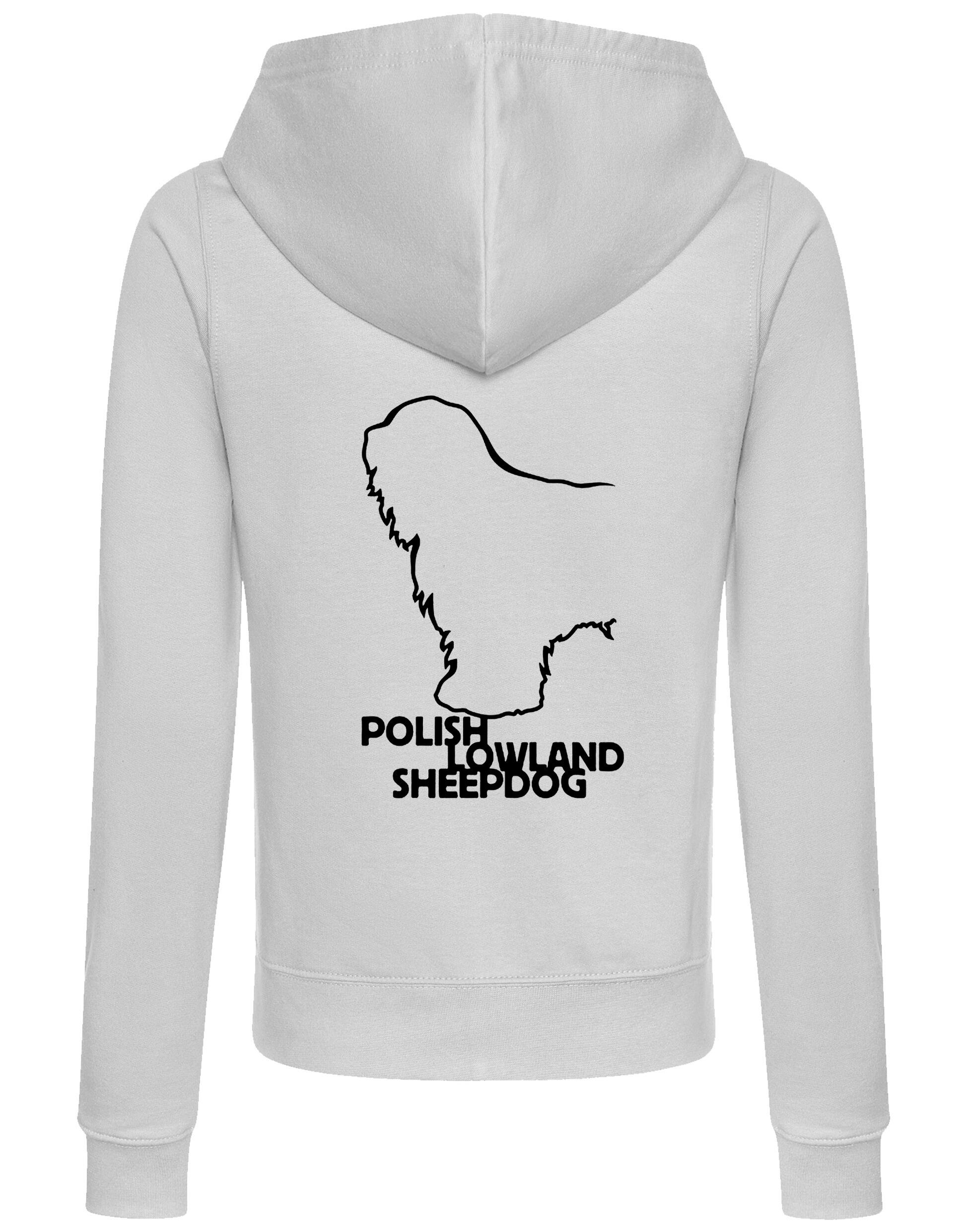 Polish Lowland Sheepdog Women’s Zipped Hoodie featuring exclusive breed artwork, full-zip closure, cozy hood, and practical pockets for all-day comfort and style.