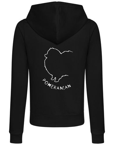 Pomeranian Women’s Zipped Hoodie featuring exclusive breed artwork, a cozy fleece-lined interior, and front pockets for warmth and functionality.