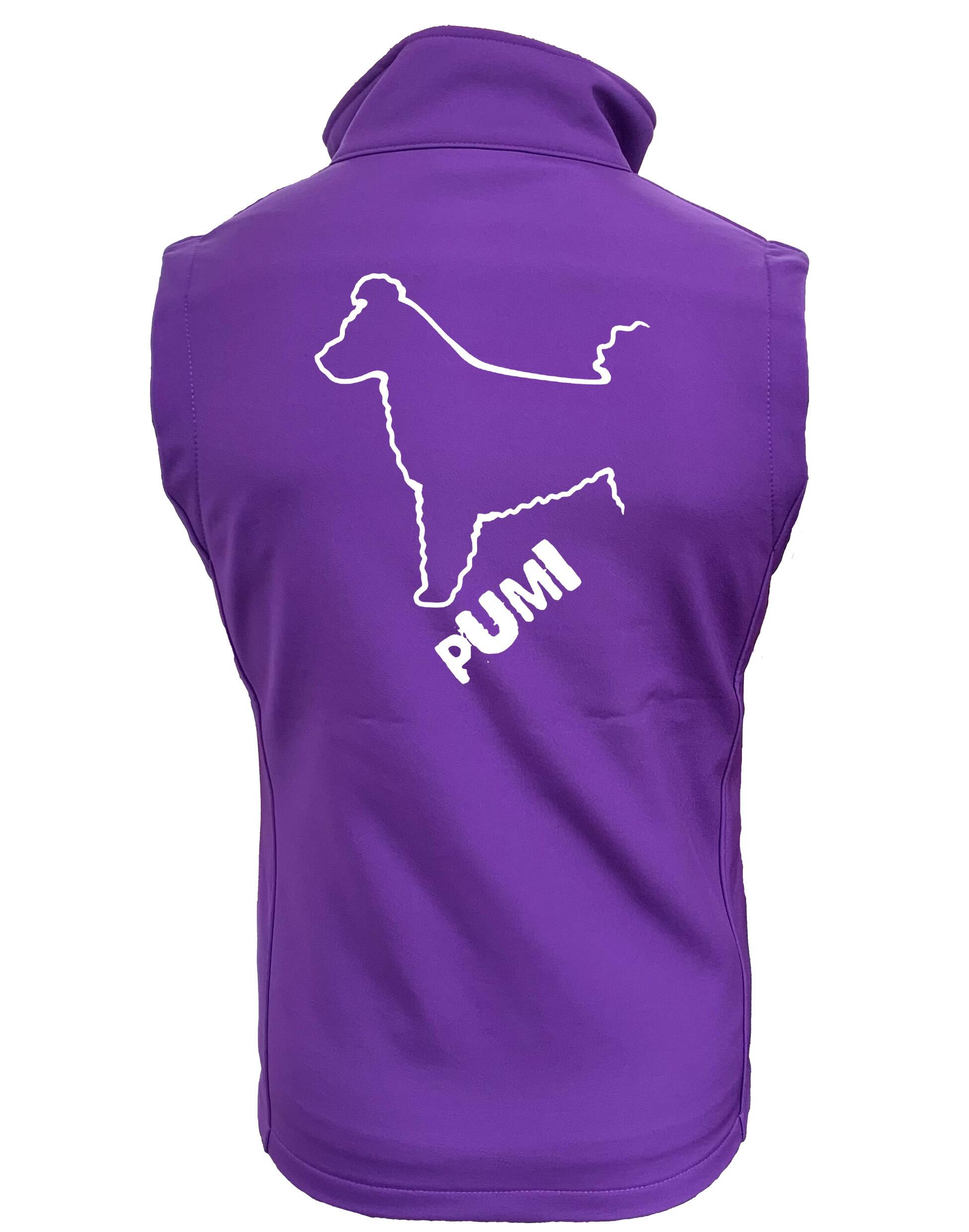 Women's Hungarian Pumi Softshell Gilet featuring exclusive breed artwork with personalization options, crafted from premium water-resistant fabric with a full-zip front and side pockets for stylish, practical outdoor wear.