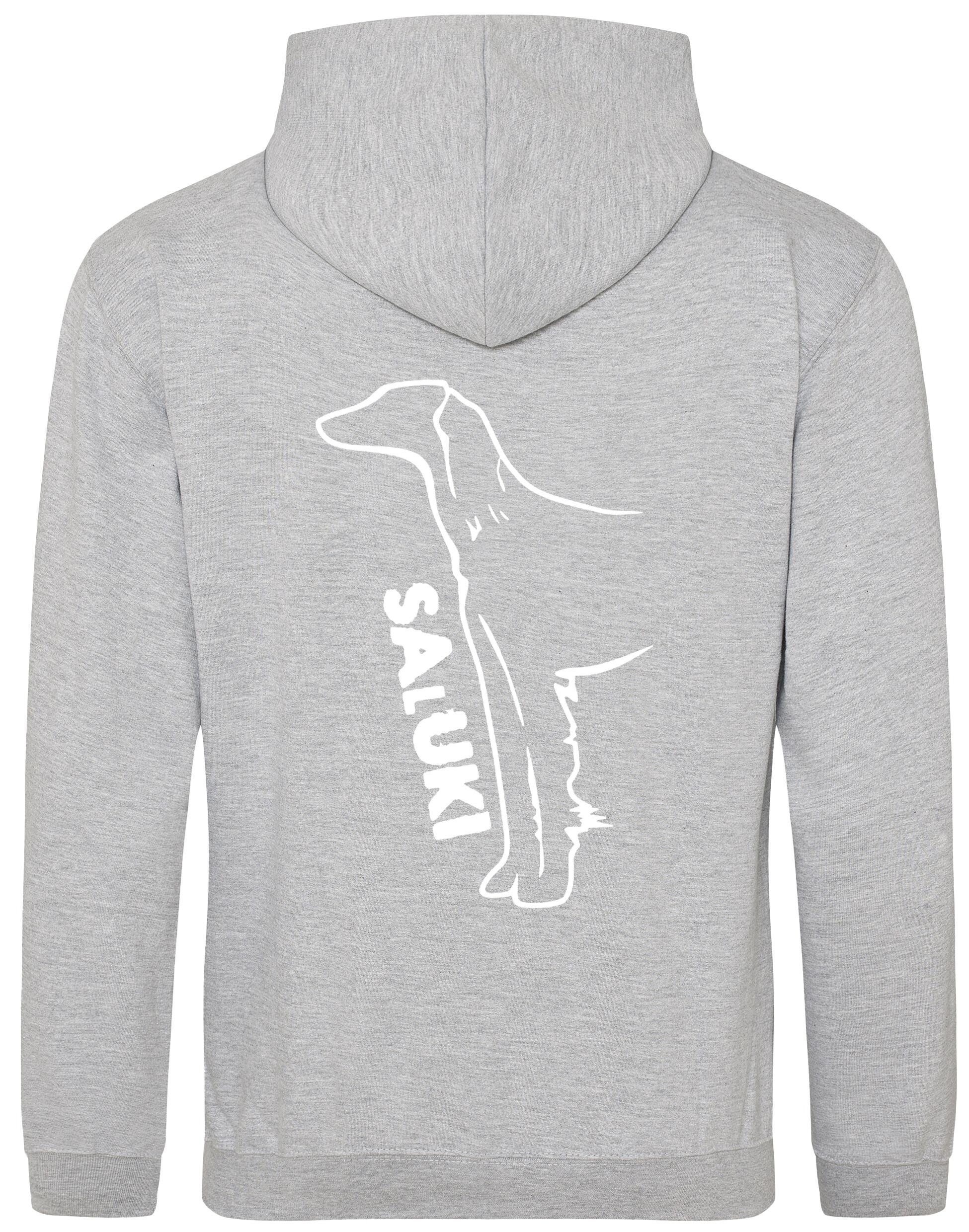 Saluki Design Pullover Hoodie featuring exclusive breed artwork, soft fleece interior, heavy-blend fabric, kangaroo pouch pocket, ribbed cuffs, and double-fabric hood with personalization options for breed enthusiasts.