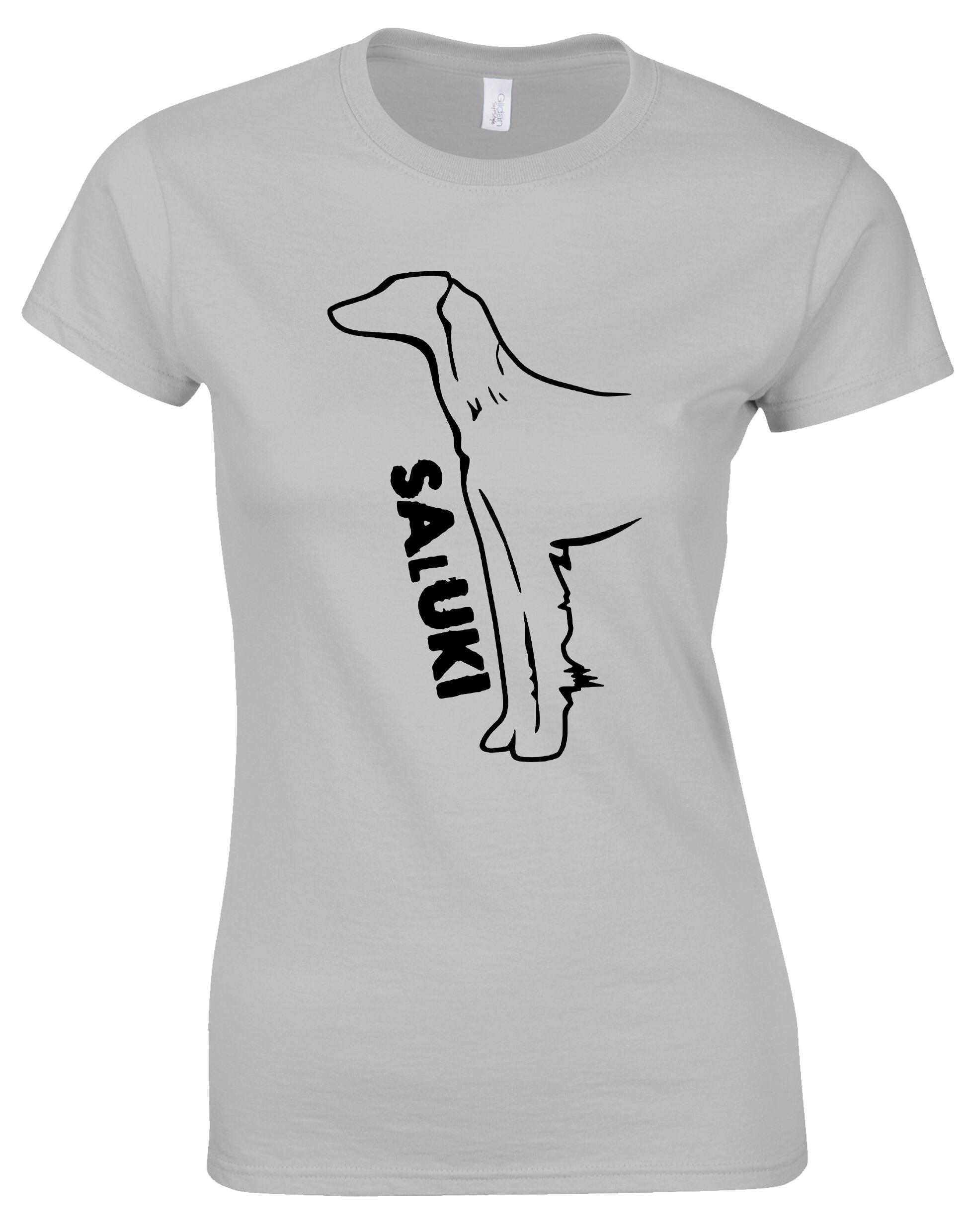 Saluki Female Roundneck T-shirt featuring exclusive breed artwork, soft breathable cotton fabric, flattering feminine fit, and classic round neckline for comfort, style, and breed pride.