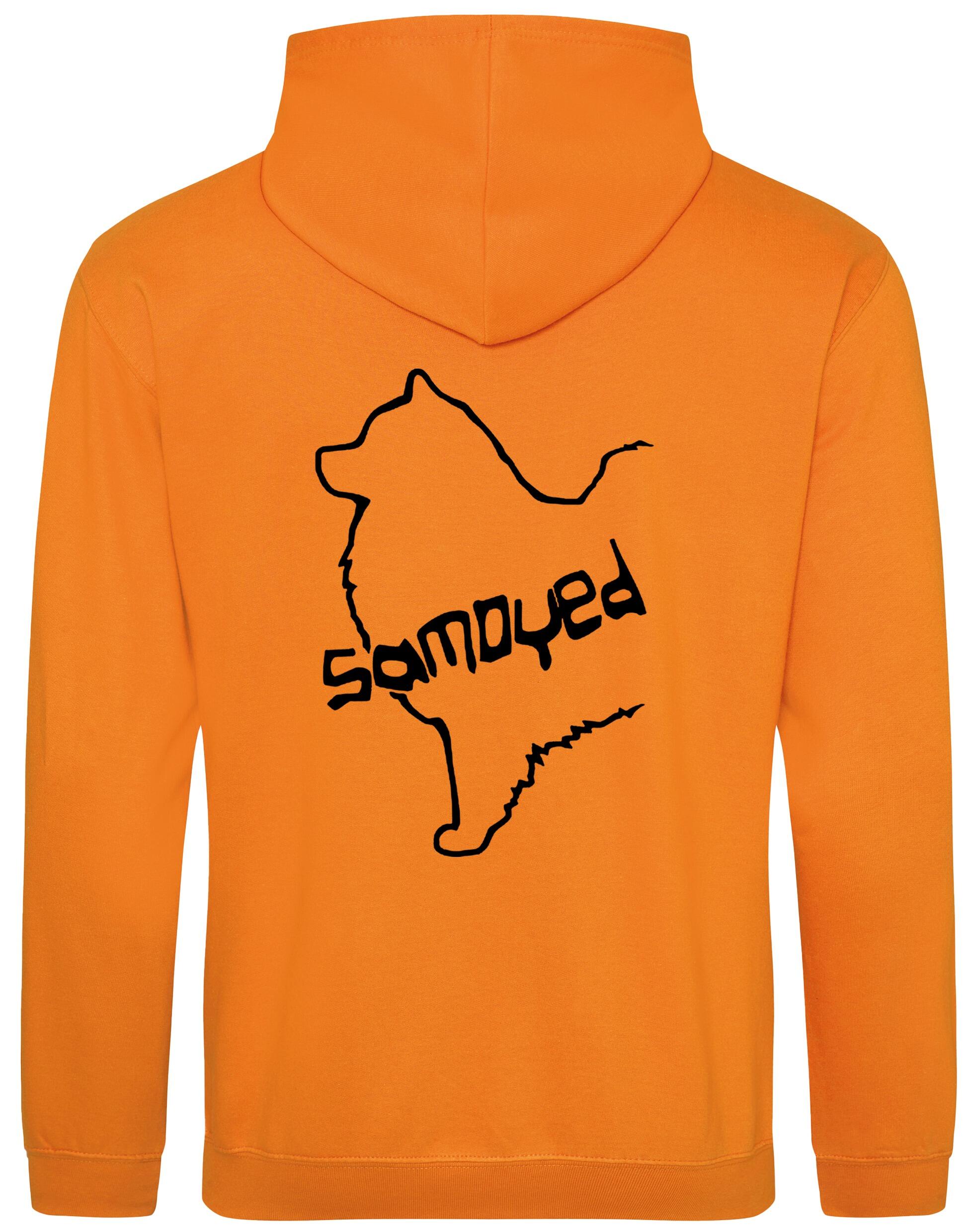 Samoyed Design Pullover Hoodie featuring exclusive breed artwork, soft fleece interior, heavy-blend fabric, kangaroo pouch pocket, ribbed cuffs, and double-fabric hood with personalization options for breed enthusiasts.