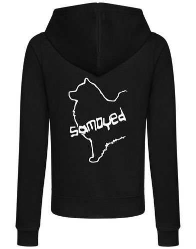 Samoyed Women’s Zipped Hoodie featuring exclusive breed artwork, soft breathable fabric, feminine fit, full-zip closure, cozy hood, and practical front pockets for stylish comfort and breed pride.