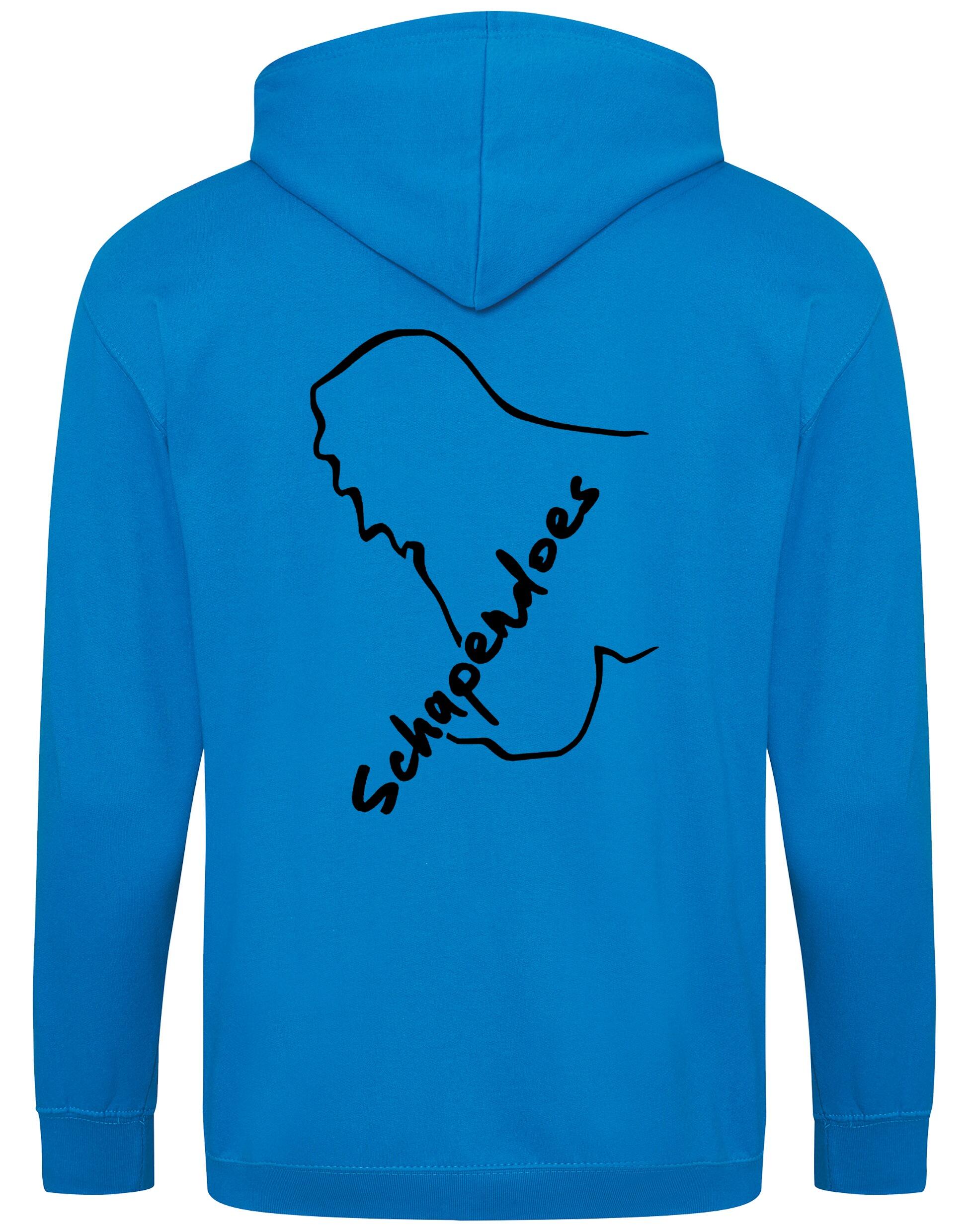 Schapendoes Zipped Hoodie featuring exclusive breed artwork, soft brushed fleece lining, double-fabric hood, front pockets, full-zip closure, and personalization options for stylish comfort and breed pride.
