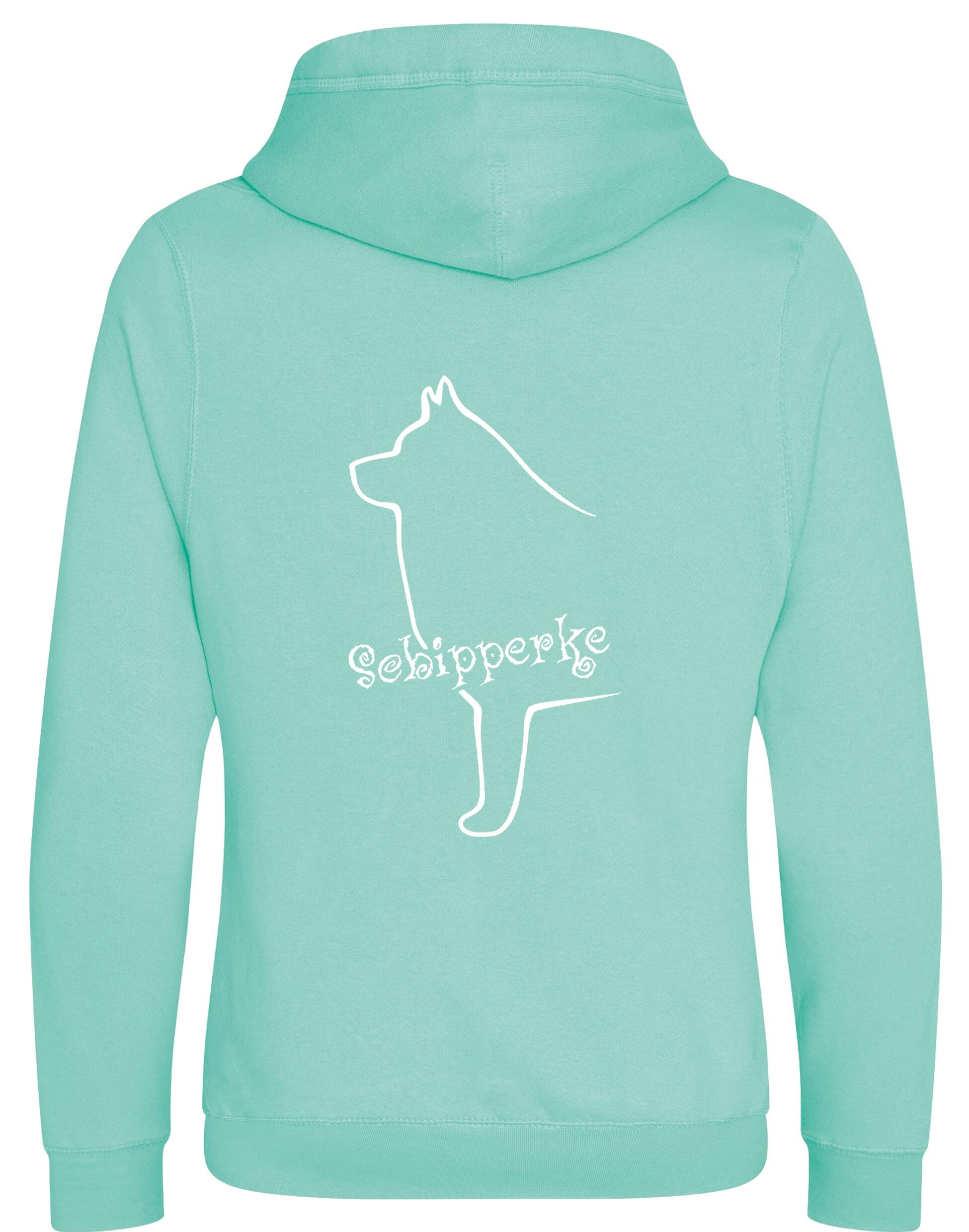 Unisex crossneck pullover hoodie featuring exclusive Schipperke design, showcasing detailed breed artwork on the back, with a cozy brushed fleece interior and spacious kangaroo pocket.