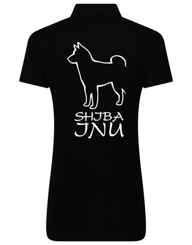 Women's cotton polo shirt featuring exclusive Shiba Inu artwork on the back, designed with a flattering feminine fit and breathable fabric, ideal for casual outings and breed events.