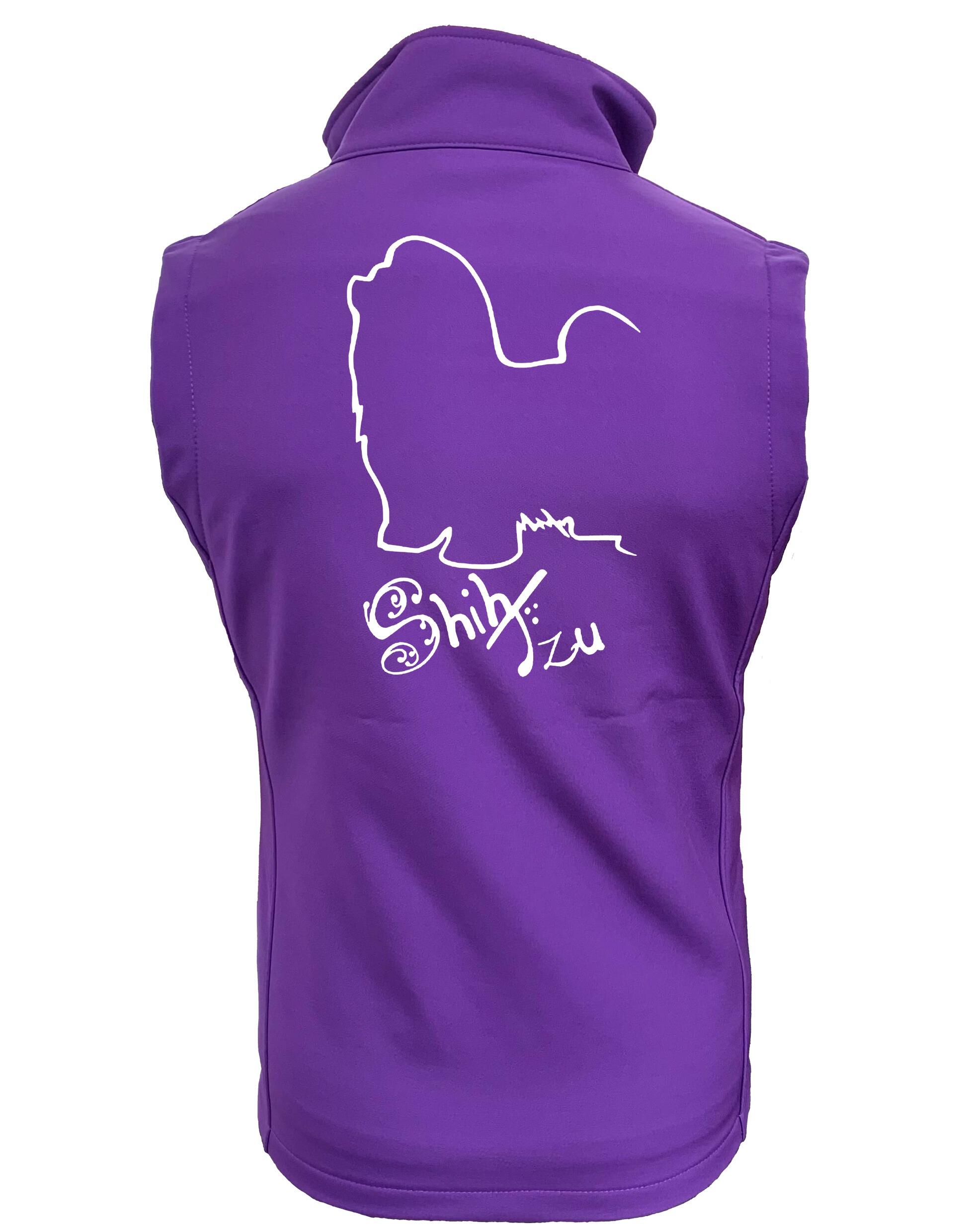 Unisex softshell gilet with exclusive Shih Tzu artwork on the back, featuring water-resistant fabric, fleece lining, and a full-zip front—designed for dog lovers who want practical style and comfort.